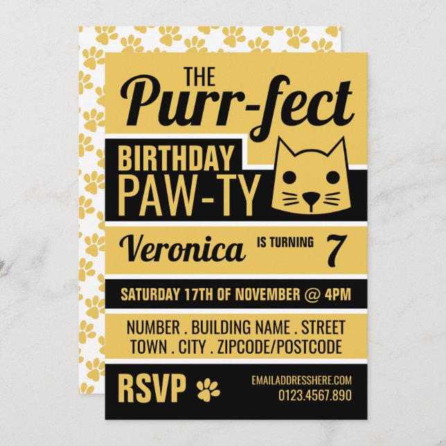 Gold Kitten Birthday Party Invitation (Front/Back)
