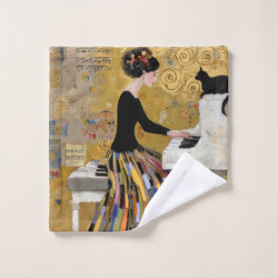 Gold Klimt Piano Lady with Black Cat Bath Towel Set