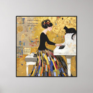 Gold Klimt Piano Lady with Black Cat Canvas Print