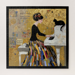 Gold Klimt Piano Lady with Black Cat Jigsaw Puzzle