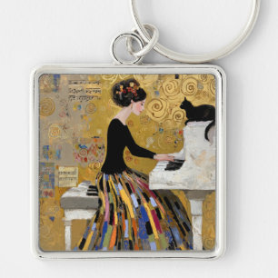Gold Klimt Piano Lady with Black Cat Key Ring