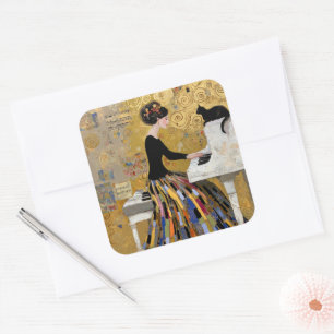 Gold Klimt Piano Lady with Black Cat Square Sticker