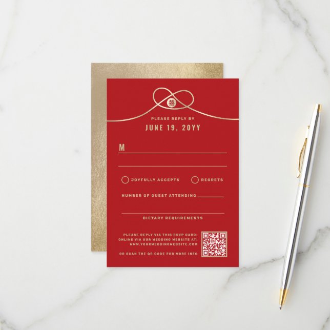 Gold Knot Union Double Happiness Chinese Wedding RSVP Card (Front/Back In Situ)