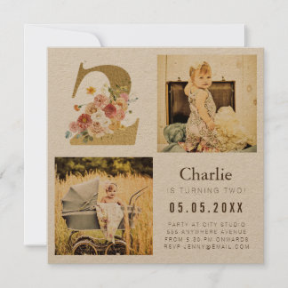 Gold Kraft Foil Two 2nd Birthday Photo Cards