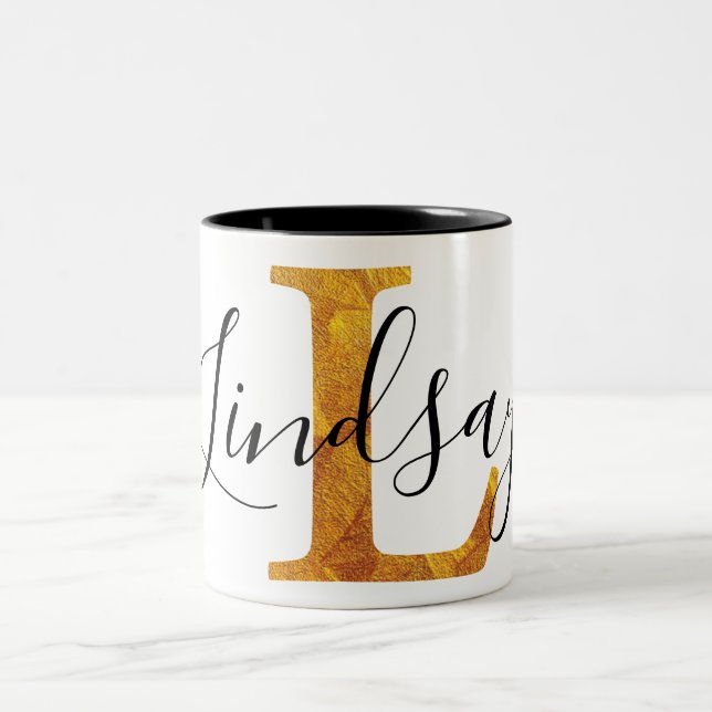Gold 'L' Monogram w/ Personalised Name Two-Tone Coffee Mug (Center)