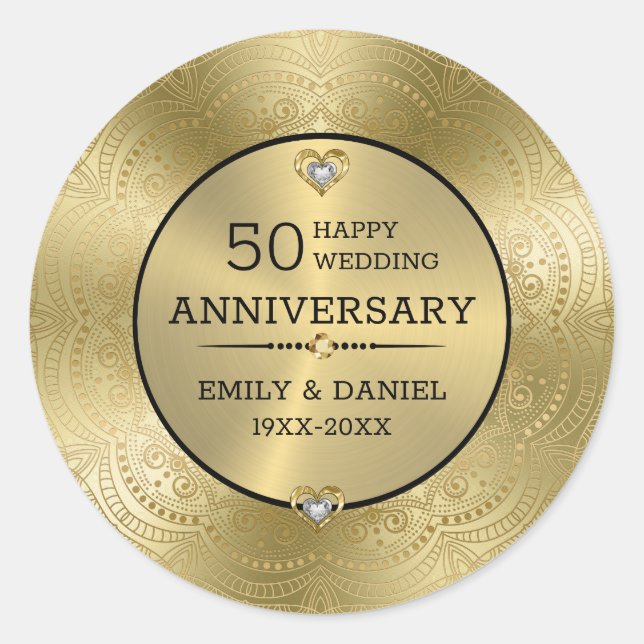 Gold lace 50th wedding anniversary dinner plate classic round sticker (Front)