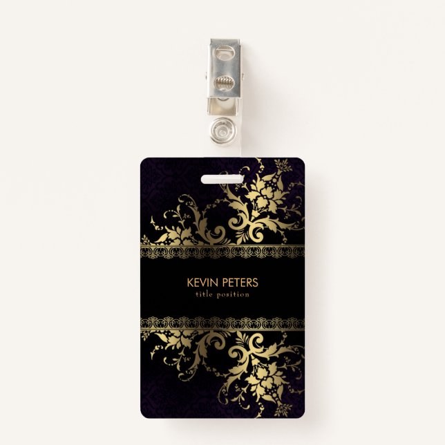 Gold Lace And Flowers ID Badge (Front with Clip)