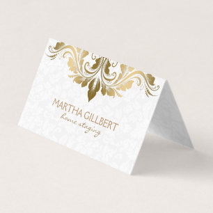 Gold Lace And White Damask Business Card