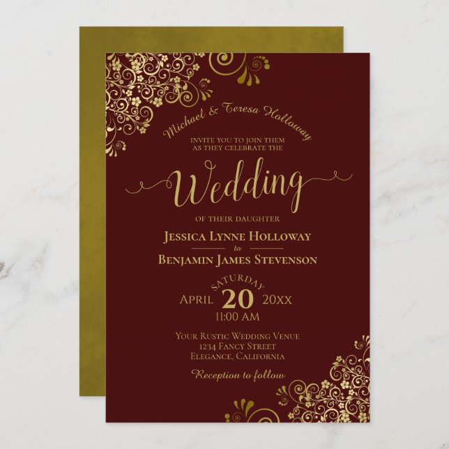 Gold Lace Auburn Brown Elegant Formal Wedding Invitation (Front/Back)