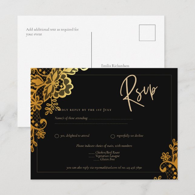 GOLD LACE Black All-in1 Wedding INVITE QR Code Postcard (Front/Back)