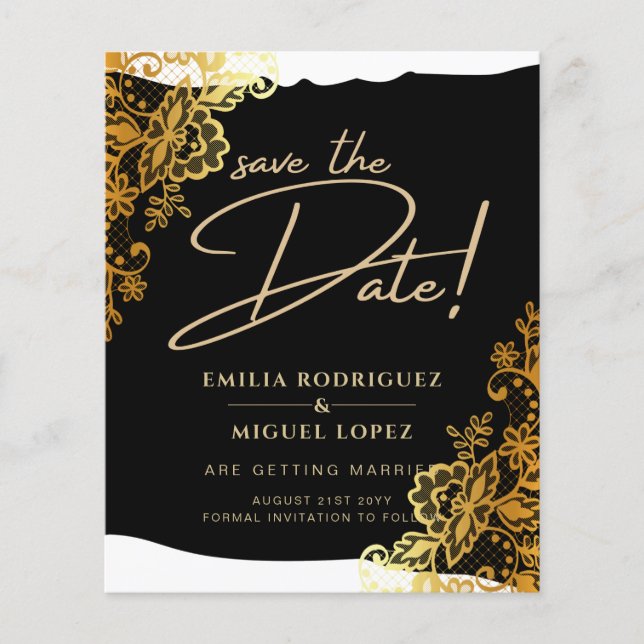 GOLD LACE Black All-in1 Wedding Save the Date Flyer (Front)