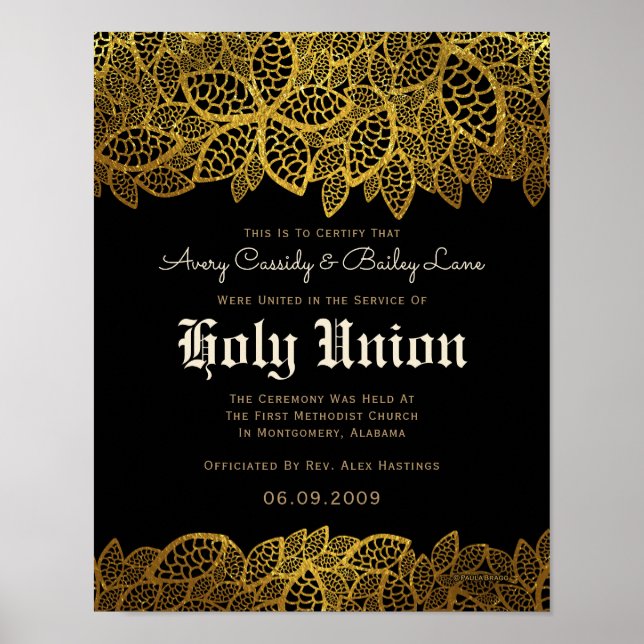 Gold Lace Black Alternative Wedding Certificate Poster (Front)