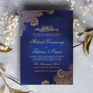Gold Lace Blue Islamic Muslim Mehndi Ceremony Invitation