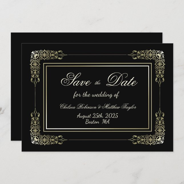 Gold Lace Border Black Wedding Save The Date (Front/Back)