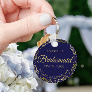 Gold Lace Bridesmaid Wedding Gift Navy Blue Key Ring