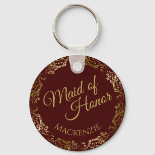 Gold Lace & Burgundy Elegant Maid of Honour Weddin Key Ring