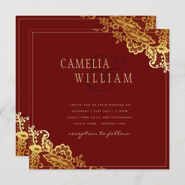 Gold Lace Burgundy Wedding Invtiations  Invitation (Front/Back)