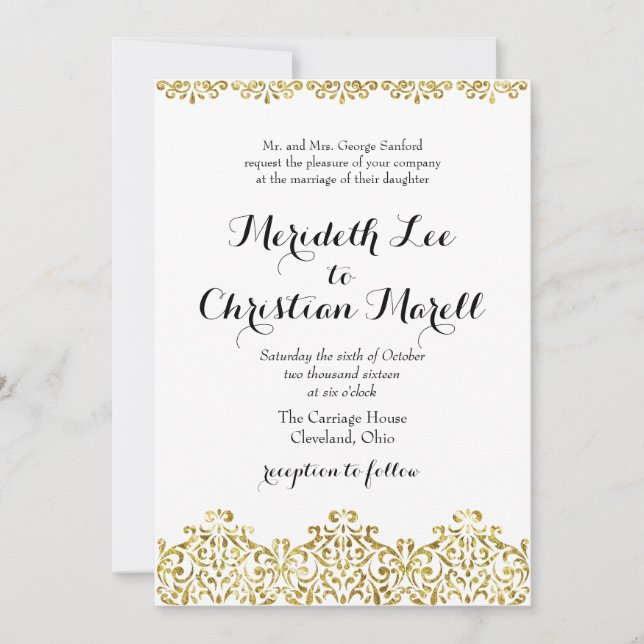 Gold Lace Calligraphy Wedding Invitation (Front)