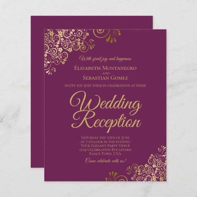 Gold Lace Cassis Wedding Reception BUDGET Invite (Front/Back)