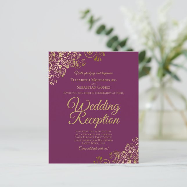 Gold Lace Cassis Wedding Reception BUDGET Invite (Standing Front)