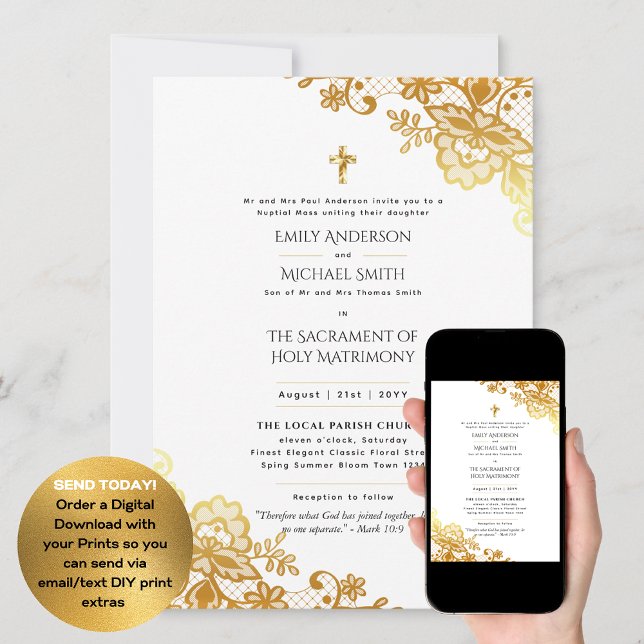 Gold Lace  Catholic Nuptial Mass Wedding Invitation (Creator Uploaded)