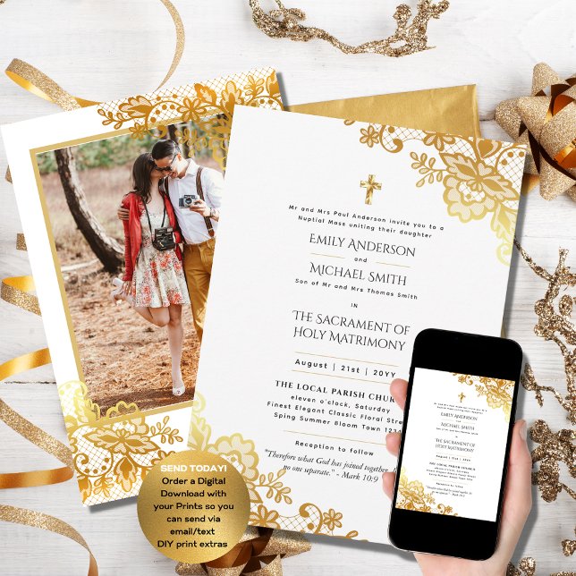 Gold Lace Catholic Nuptial Mass Wedding Invitation (Creator Uploaded)