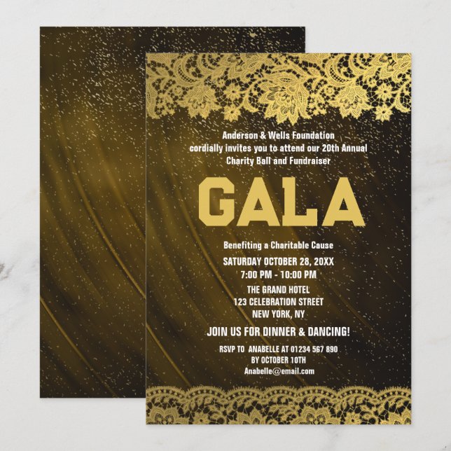 Gold Lace Charity Ball Corporate Fundraising Party Invitation (Front/Back)