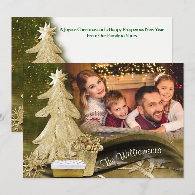 Gold Lace Christmas Tree Christmas Photo Holiday Card (Front/Back)