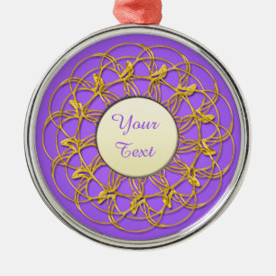 Gold Lace Circle White Circle With Text on Purple Metal Ornament