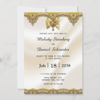 Gold Lace Cream Satin Pearls Jewels Wedding Invitation