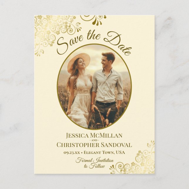 Gold Lace & Cream Wedding Save the Date Oval Photo Announcement Postcard (Front)
