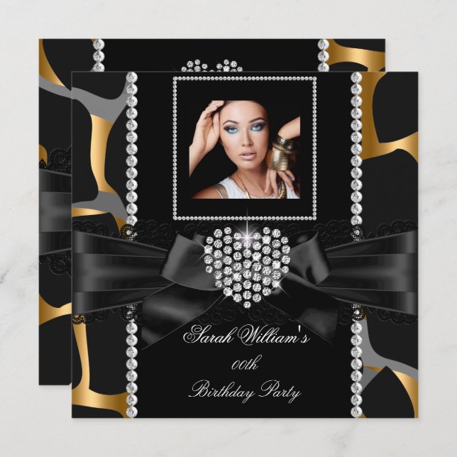 Gold Lace Diamond Heart Wild Birthday Party Photo Invitation (Front/Back)