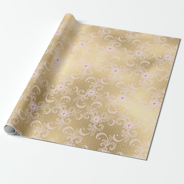 GOLD LACE ELEGANT BIRTHDAY WEDDING WRAP WRAPPING PAPER (Unrolled)