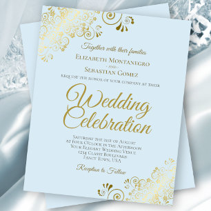 Gold Lace Elegant Blue Budget Wedding Invitation