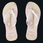 Gold Lace Elegant Blush Pink Bridesmaid Wedding Thongs<br><div class="desc">These elegant wedding flip flops are a great way to thank and recognise your bridesmaids, while giving their feet a rest after a long day. The beautiful design features an elegant design with golden lace frills on a pale blush pink coloured background and fancy gold coloured script lettering. The text...</div>