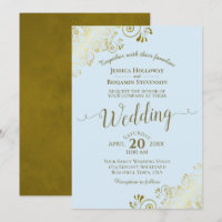 Gold Lace Elegant Calligraphy Powder Blue Wedding