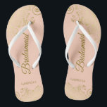 Gold Lace Elegant Coral Peach Bridesmaid Wedding Thongs<br><div class="desc">These elegant wedding flip flops are a great way to thank and recognise your bridesmaids, while giving their feet a rest after a long day. The beautiful design features an elegant design with golden lace frills on a pale orange or coral peach coloured background and fancy gold coloured script lettering....</div>