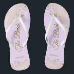 Gold Lace Elegant Lilac Purple Bridesmaid Wedding Thongs<br><div class="desc">These elegant wedding flip flops are a great way to thank and recognise your bridesmaids, while giving their feet a rest after a long day. The beautiful design features an elegant design with golden lace frills on a pale purple, lavender, or lilac coloured background and fancy gold coloured script lettering....</div>