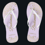 Gold Lace Elegant Lilac Purple Bridesmaid Wedding Thongs<br><div class="desc">These elegant wedding flip flops are a great way to thank and recognise your bridesmaids, while giving their feet a rest after a long day. The beautiful design features an elegant design with golden lace frills on a lilac, lavender, or pale purple coloured background and fancy gold coloured script lettering....</div>