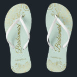 Gold Lace Elegant Mint Green Bridesmaid Wedding Thongs<br><div class="desc">These elegant wedding flip flops are a great way to thank and recognise your bridesmaids, while giving their feet a rest after a long day. The beautiful design features an elegant design with golden lace frills on a pale neo mint green coloured background and fancy gold coloured script lettering. The...</div>