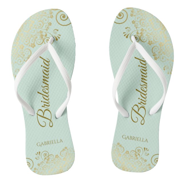 Gold Lace Elegant Mint Green Bridesmaid Wedding Thongs (Footbed)