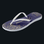 Gold Lace Elegant Navy Blue Bridesmaid Wedding Thongs<br><div class="desc">These elegant wedding flip flops are a great way to thank and recognise your bridesmaids, while giving their feet a rest after a long day. The beautiful design features an elegant design with golden lace frills on a navy blue background and fancy gold coloured script lettering. The text reads Bridesmaid...</div>