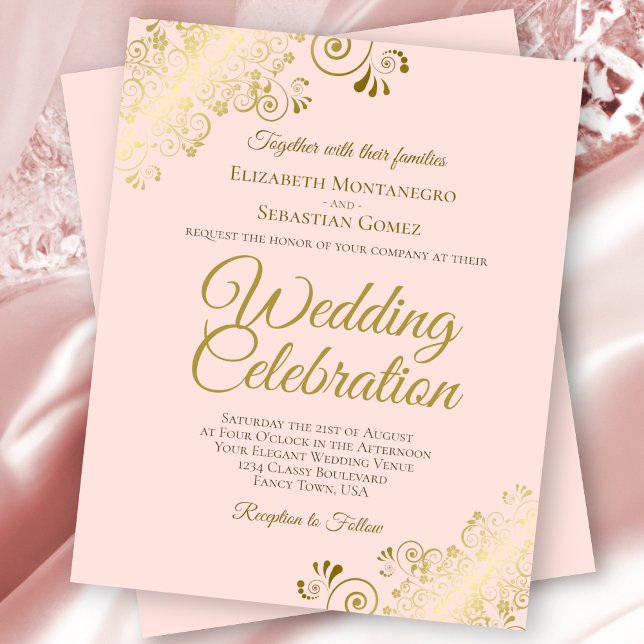 Gold Lace Elegant Pink BUDGET Wedding Invitation (Creator Uploaded)