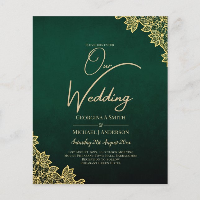 Gold Lace Emerald Green All-in-1 Wedding Invite QR (Front)