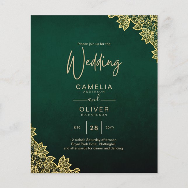 Gold Lace Emerald Green All-in-1 Wedding Invite QR (Front)