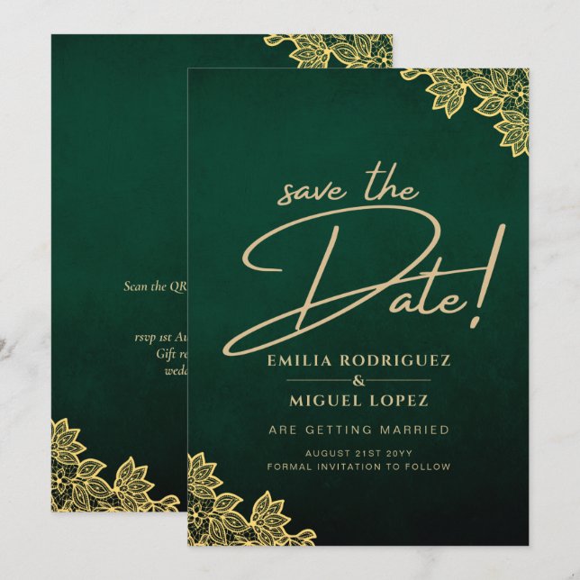Gold Lace Emerald Green All-in-1 Wedding Invite QR (Front/Back)