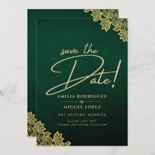 Gold Lace Emerald Green All-in-1 Wedding Invite QR