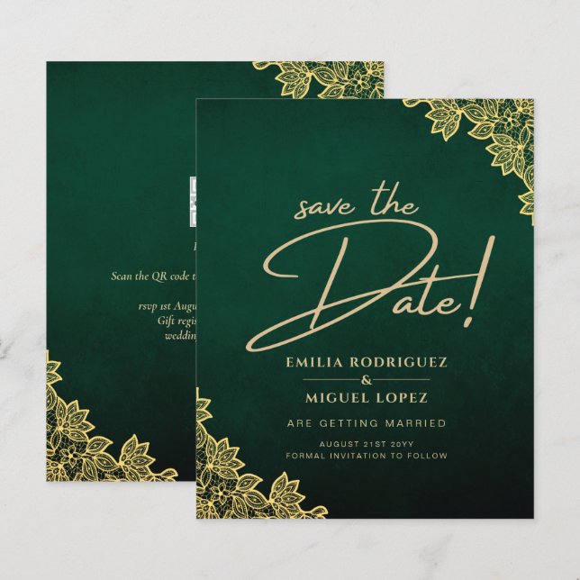 Gold Lace Emerald Green All-in-1 Wedding Invite QR (Front/Back)