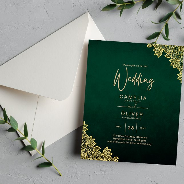 Gold Lace Emerald Green All-in-1 Wedding Invite QR (Creator Uploaded)