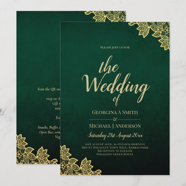 Gold Lace Emerald Green All-in-1 Wedding Invite QR (Front/Back)